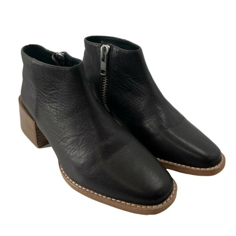 Sol Sana Black Leather Zip Ankle Bootie Boots Stacked Heel Square Toe Women's 6